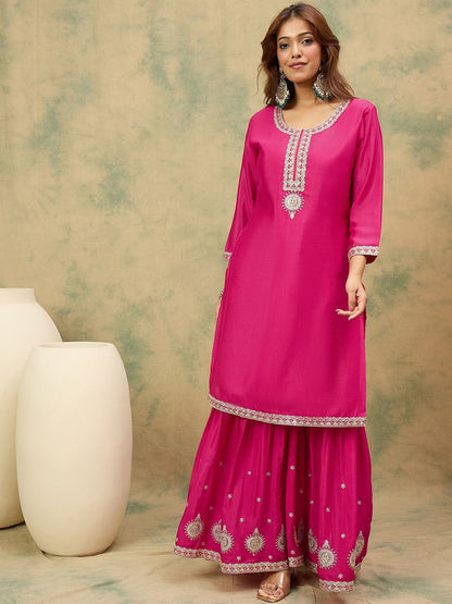 Indyancart VA Women Ethnic Motifs Yoke Design Regular Kurta With Sharara & Dupatta