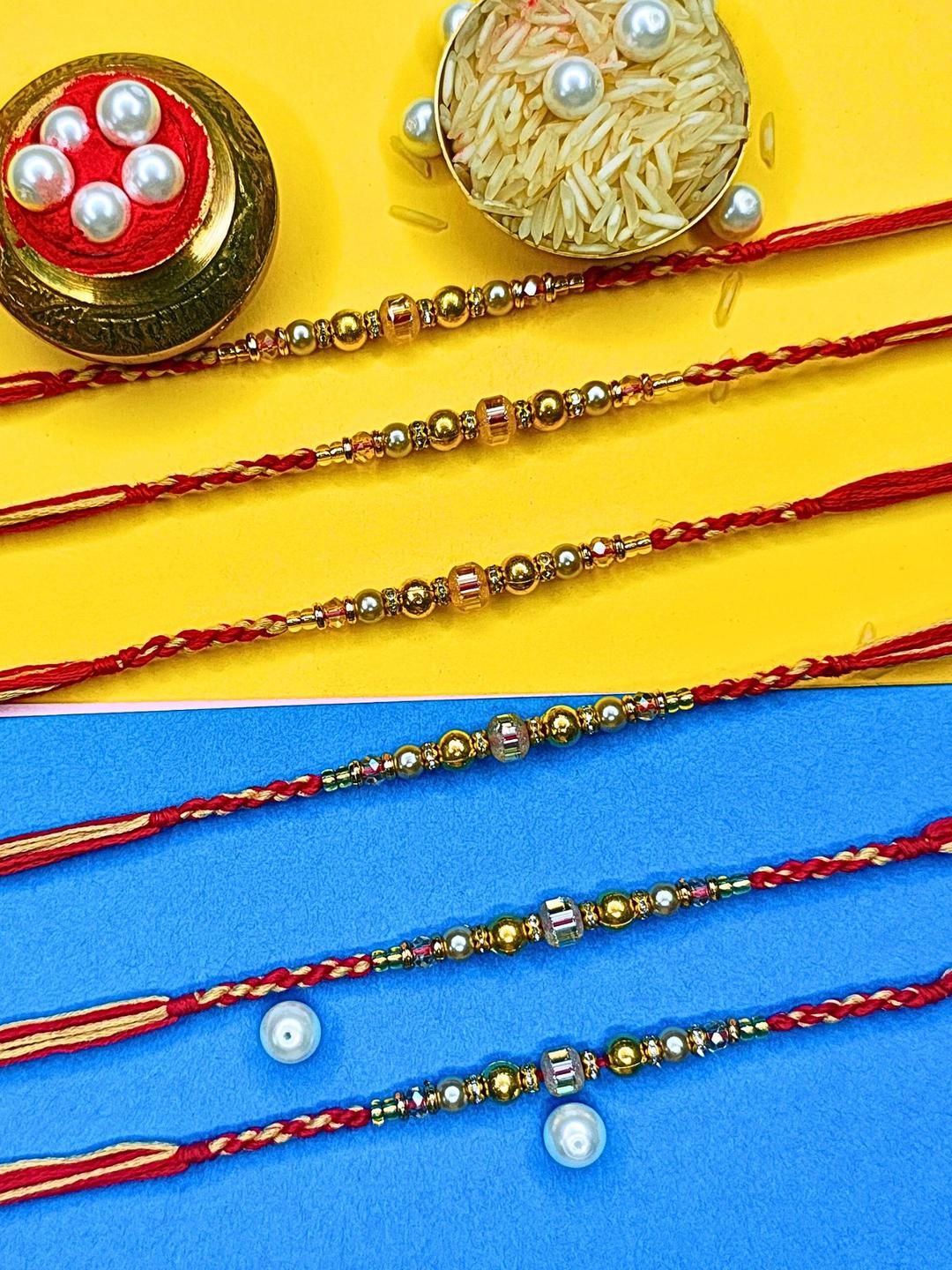 Anouk Set Of 6 Beaded Cotton Thread with AD Stones & Meenakari Designer Rakhi for Brother