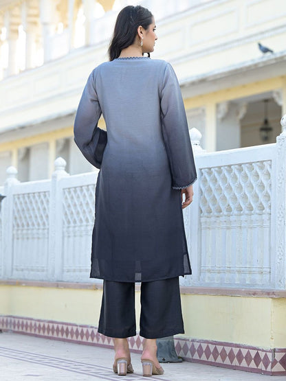 Indyancart VA Women's Ombre Regular V neck Silk Blend Kurta with Trousers