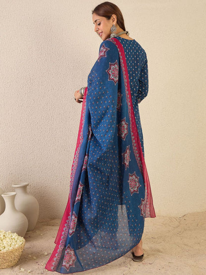 Indyancart IE Ethnic Motifs Printed Round Neck A line Pure Cotton Kurta with Trousers & Dupatta
