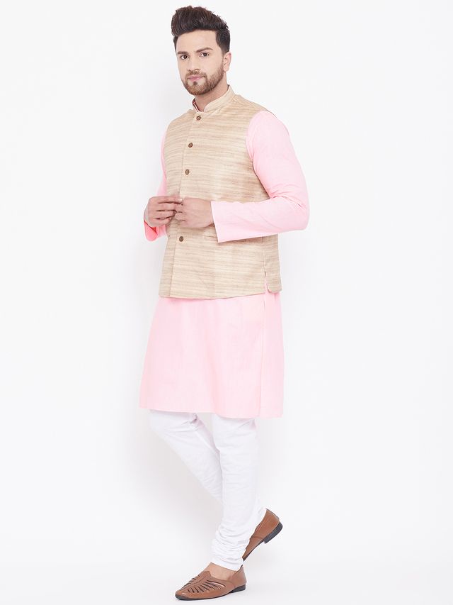 Men's Pink Cotton Blend Straight Jacket  Kurta and Pyjama Set