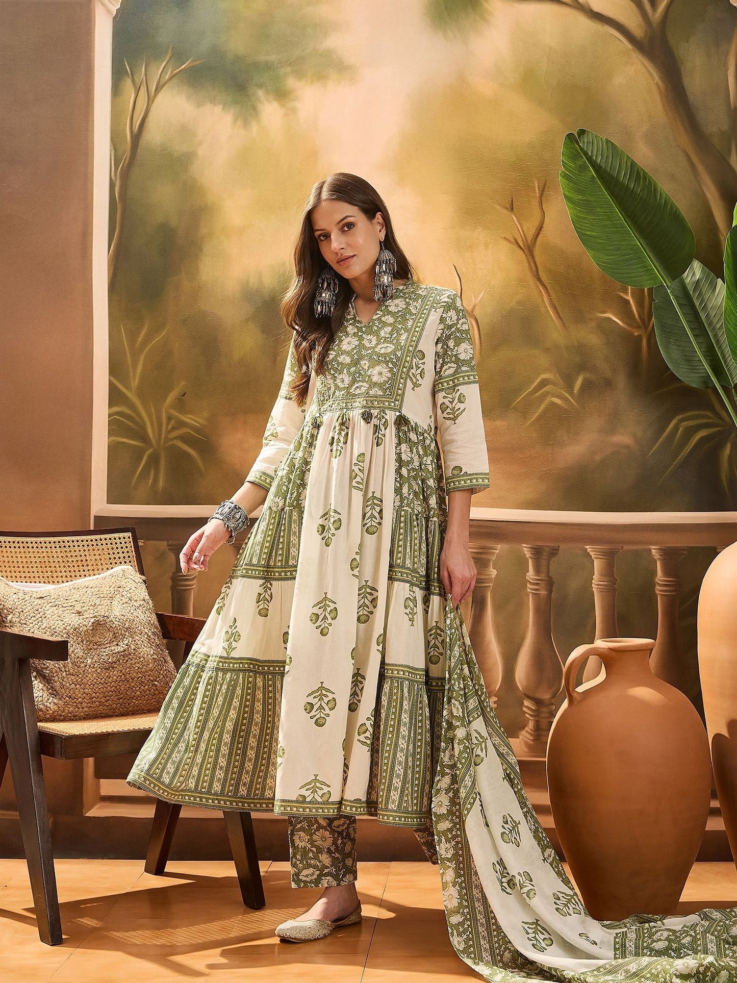 Dhiyona SN Women's Women's Pista Green Block Printed Cotton Anarkali Kurta Pant Dupatta Set