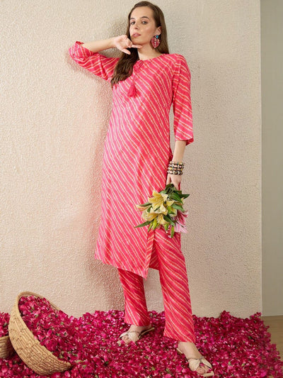 Indyancart IE Women Leheriya Printed Regular Kurta with Trousers