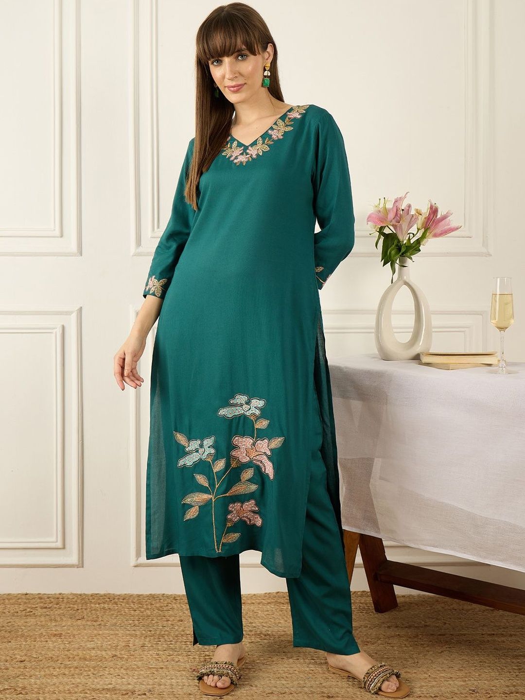 Floral Printed Thread Work Pure Cotton Kurta With Palazzos