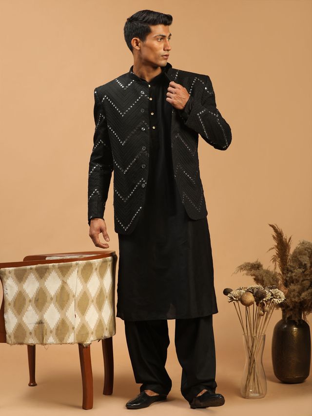 Men's Black Viscose Straight Jacket  Kurta and Pyjama Set