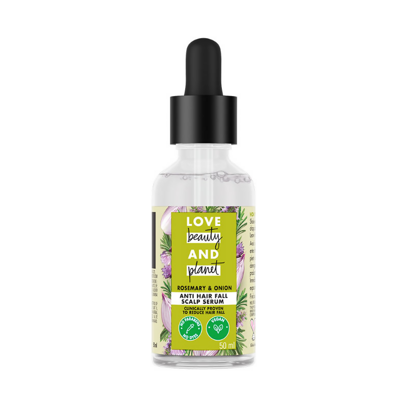 Love Beauty And Planet Onion & Rosemary Anti-Hair Fall Scalp Serum in a sleek bottle with a pump dispenser.