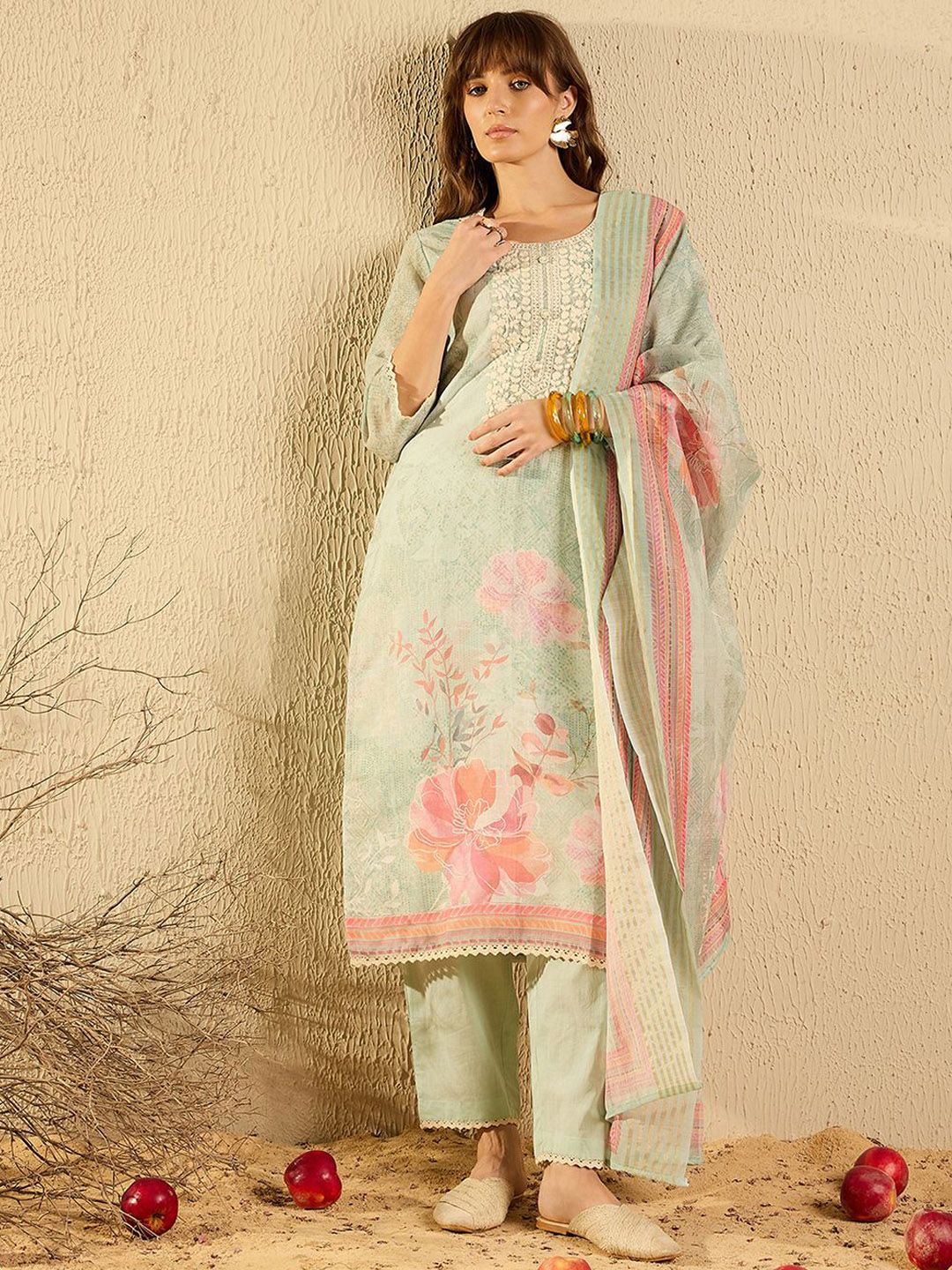 Indyancart IE Women Ethnic Motifs Printed Regular Chikankari Kurta with Trousers & With Dupatta