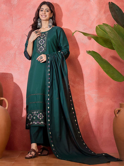 Indyancart SN Women's Floral Embroidered Thread Work Pure Silk Straight Kurta & Trousers With Dupatta