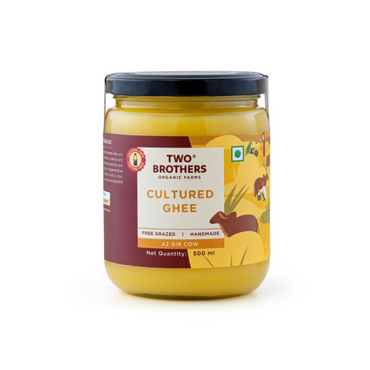 Two Brothers Organic Farms A2 Ghee Butter from Gir cow, organic grass-fed cow ghee with rich, creamy texture and golden color.