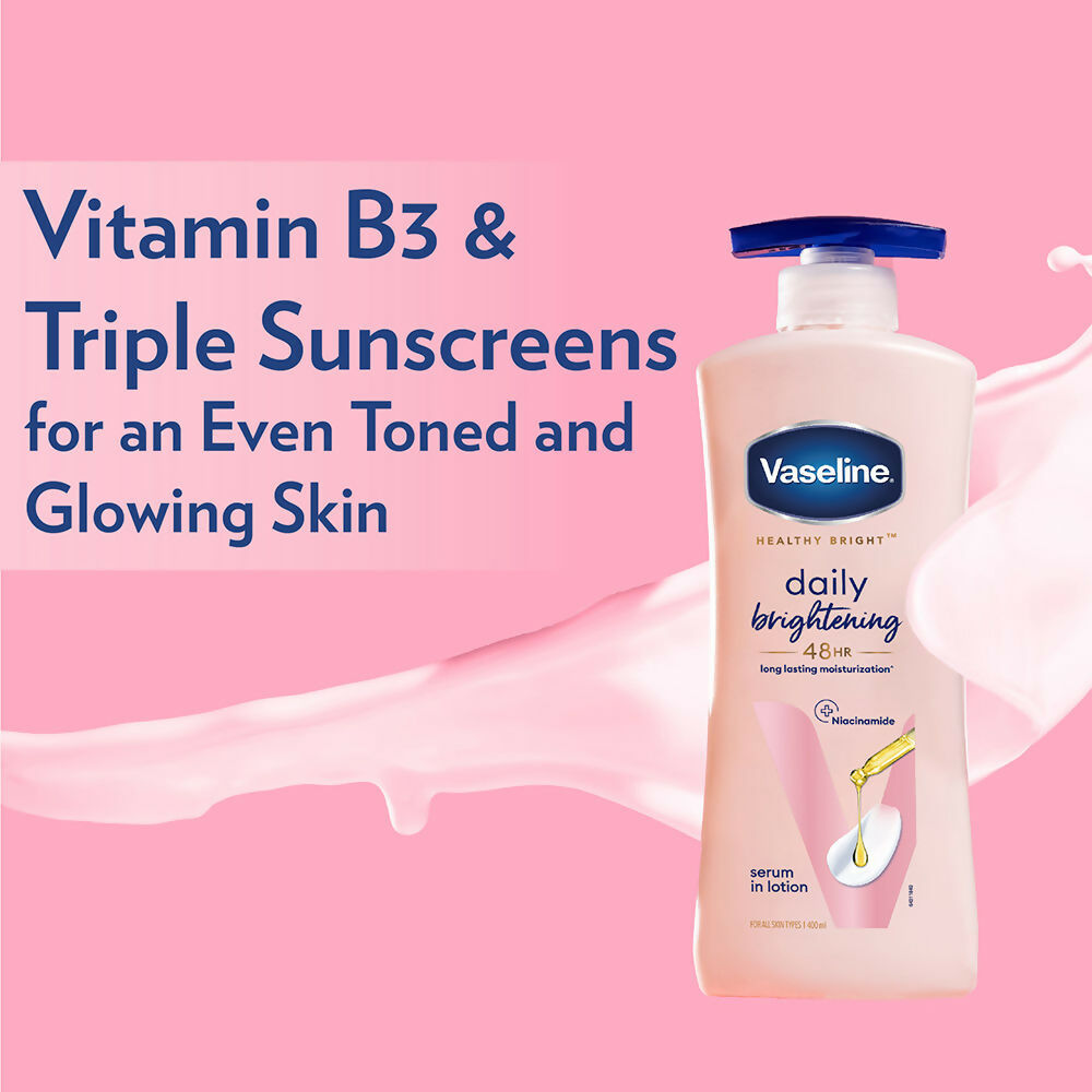 Vaseline Healthy Bright body lotion and Gluta-Hya Dewy Radiance serum-in-lotion combo bottles for bright, glowing skin.