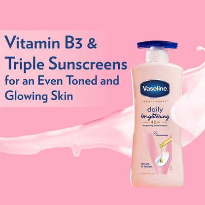 Vaseline Healthy Bright body lotion and Gluta-Hya Dewy Radiance serum-in-lotion combo bottles for bright, glowing skin.