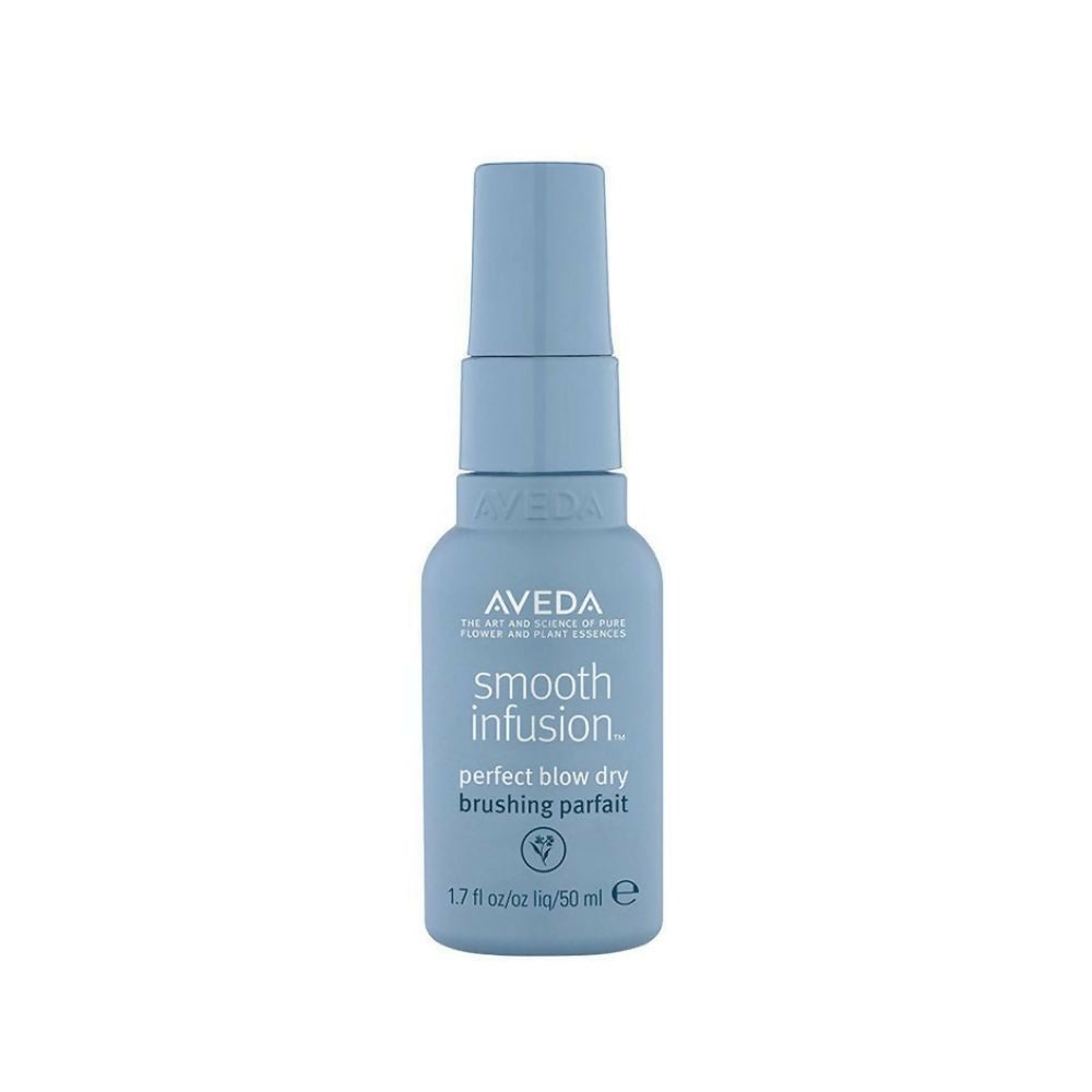 Aveda Travel Size Smooth Infusion Perfect Blow Dry Hair Serum bottle with pump for frizz control and shiny, smooth hair.
