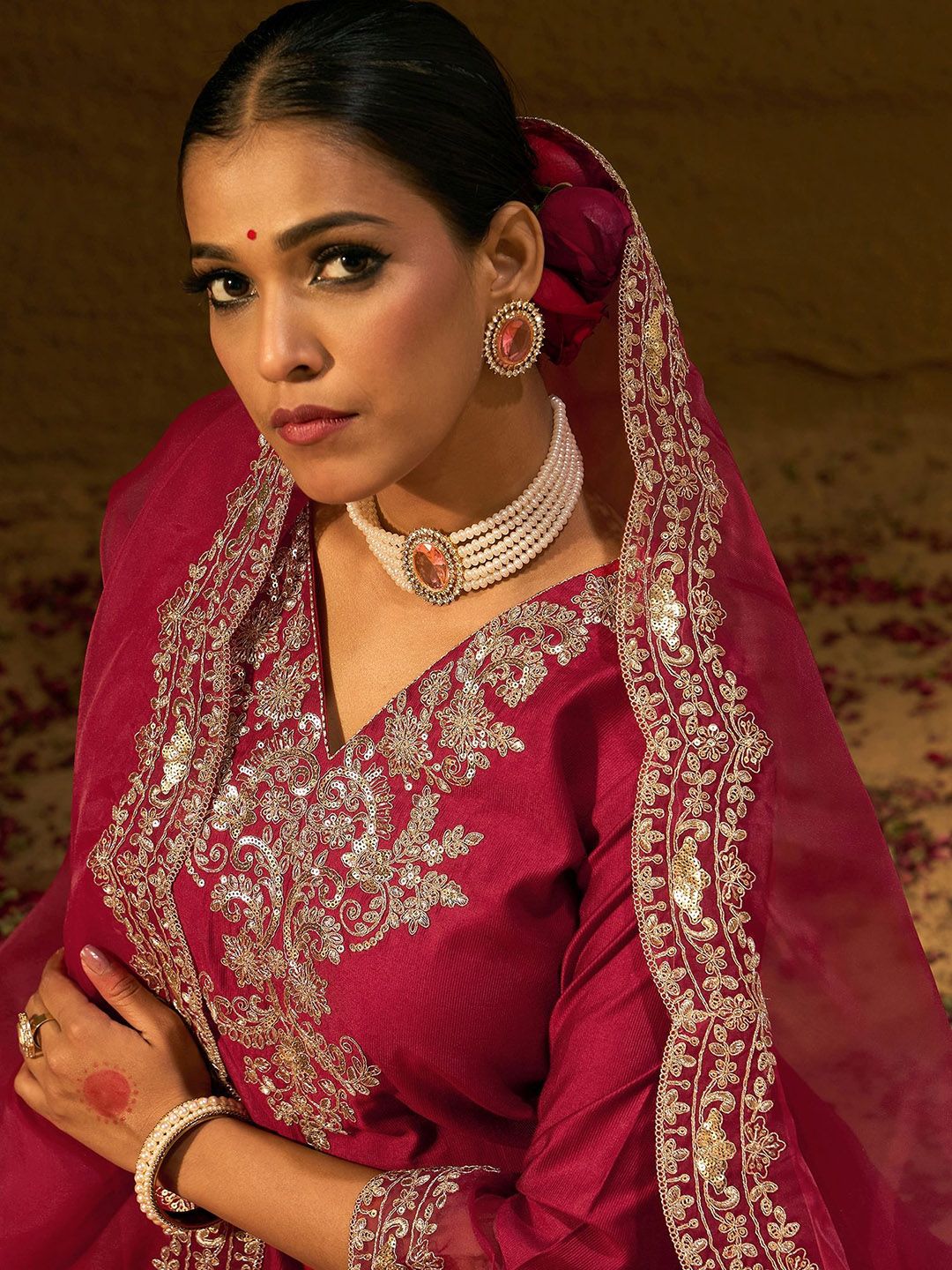 Indyancart IE Maroon Ethnic Motifs Embroidered Sequinned Liva Kurta with Trouser & Dupatta