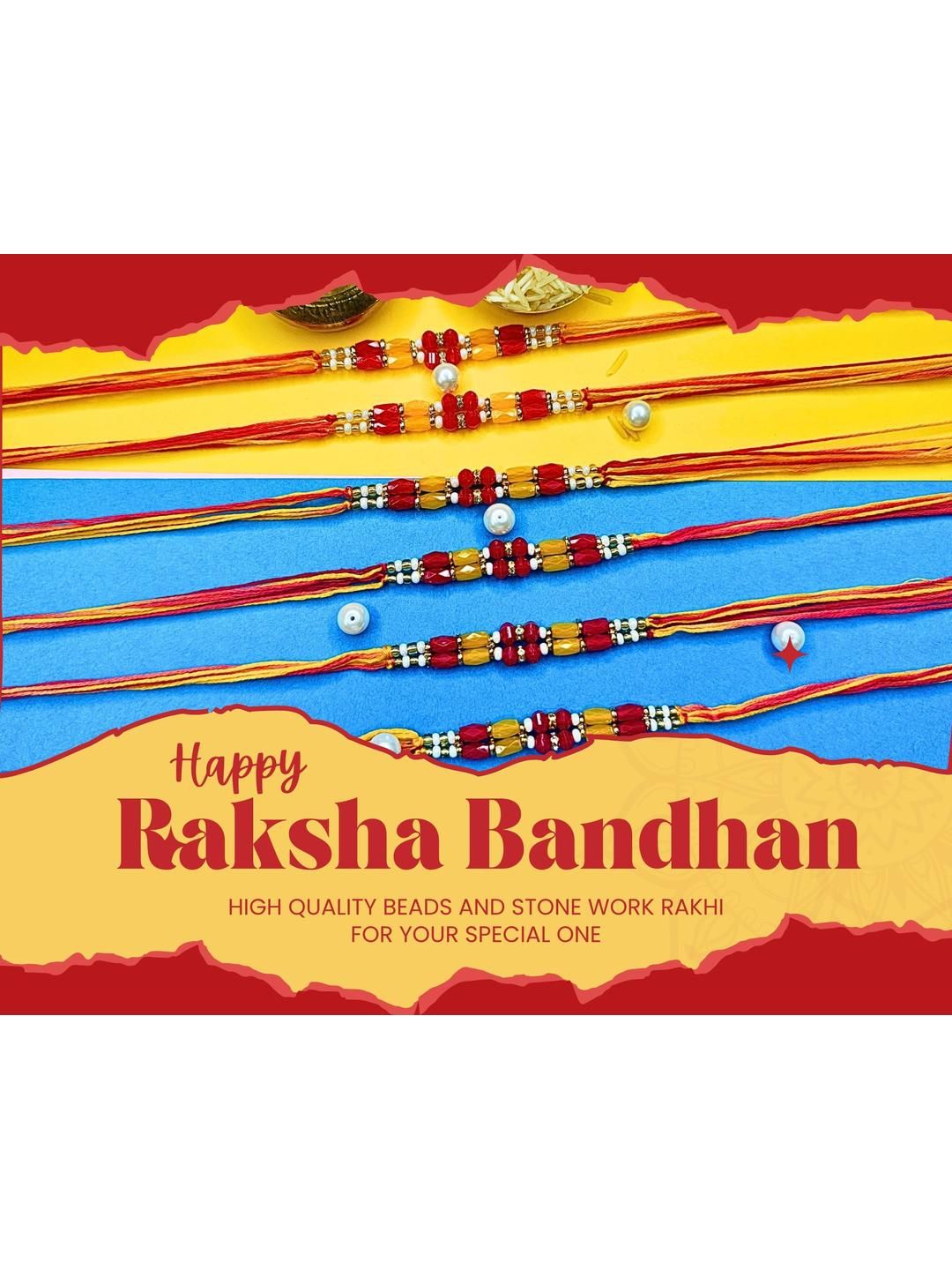 Anouk Set Of 6 Beaded Cotton Thread with AD Stones & Meenakari Designer Rakhi for Brother