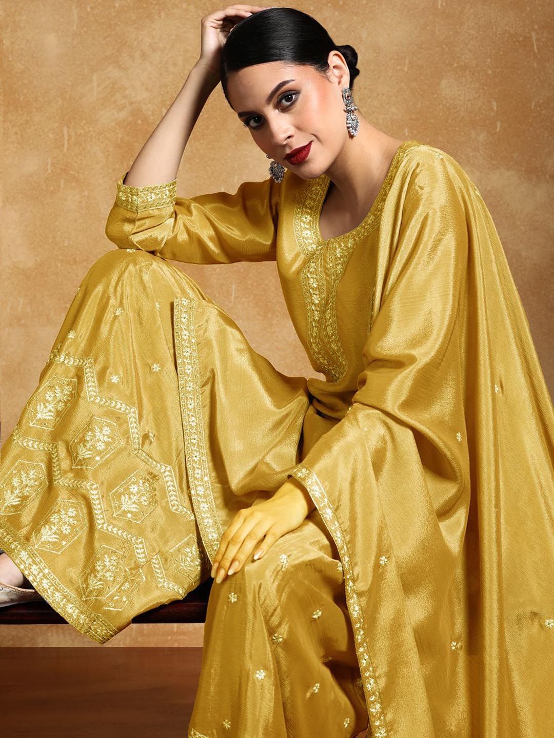 Indyancart VA Ethnic Motifs Embroidered Beads and Stones Silk Crepe Kurta With Sharara & Dupatta