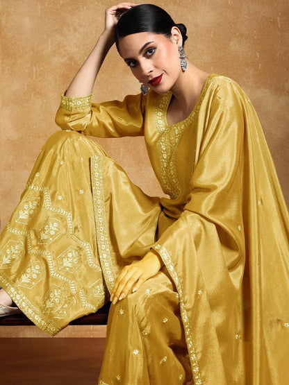 Indyancart VA Ethnic Motifs Embroidered Beads and Stones Silk Crepe Kurta With Sharara & Dupatta