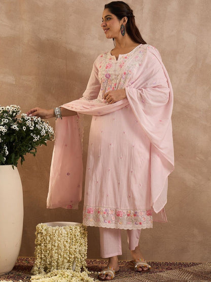 Women Floral Embroidered Thread Work Pure Cotton Kurta with Trousers & Dupatta