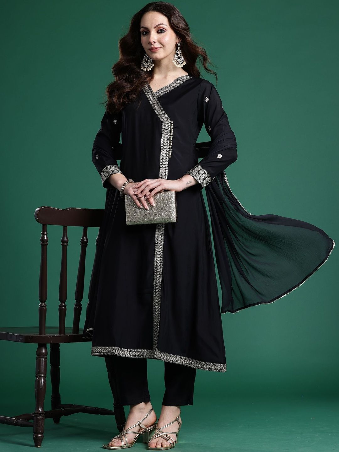 Ethnic Motifs Embroidered Angrakha Thread Work Kurta with Trousers & Dupatta