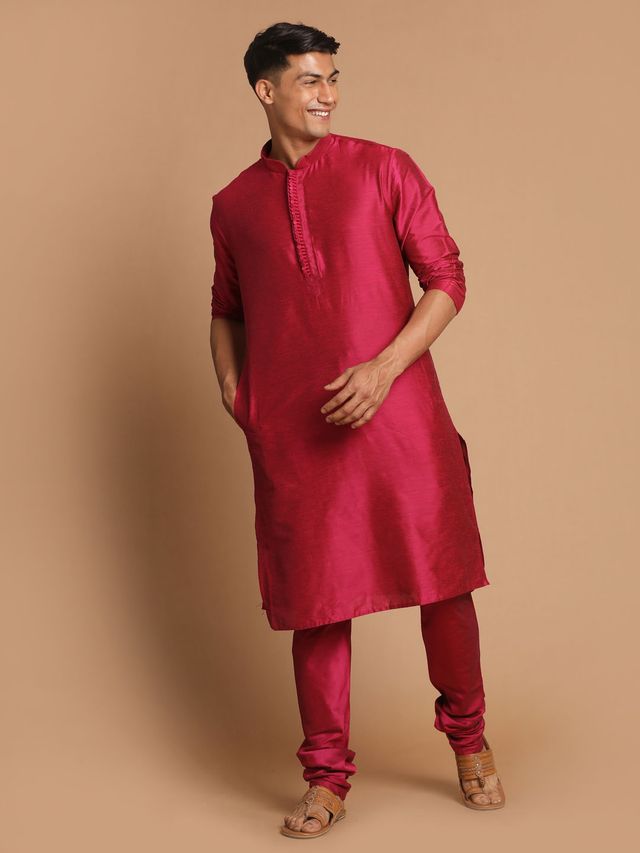 Men's Magenta Cotton Blend Straight Kurta Pyjama Set