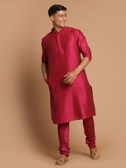 Men's Magenta Cotton Blend Straight Kurta Pyjama Set