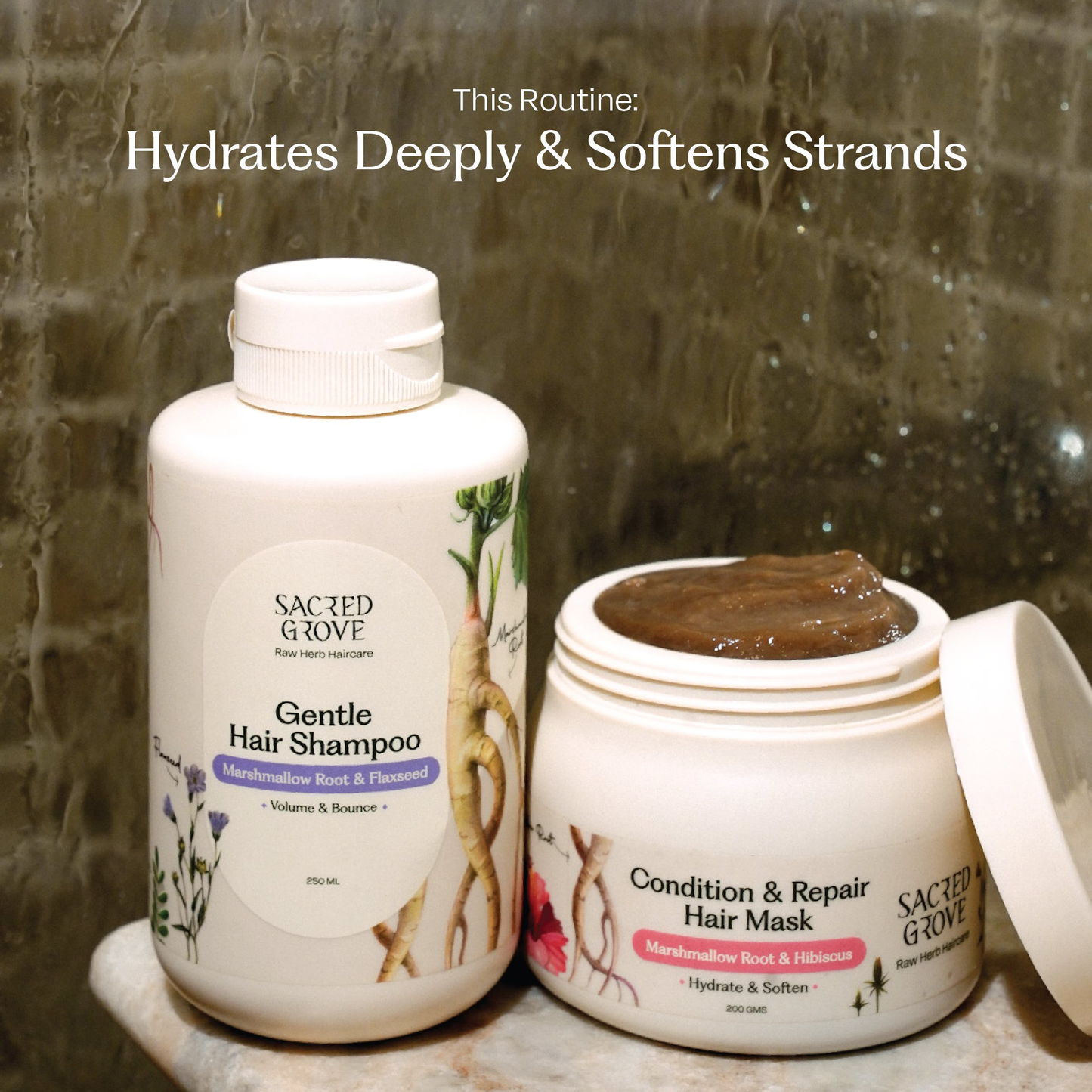 Sacred Grove Marshmallow Root deep conditioning hair mask combo with jars and applicator brushes on a white background.