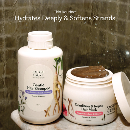Sacred Grove Marshmallow Root deep conditioning hair mask combo with jars and applicator brushes on a white background.