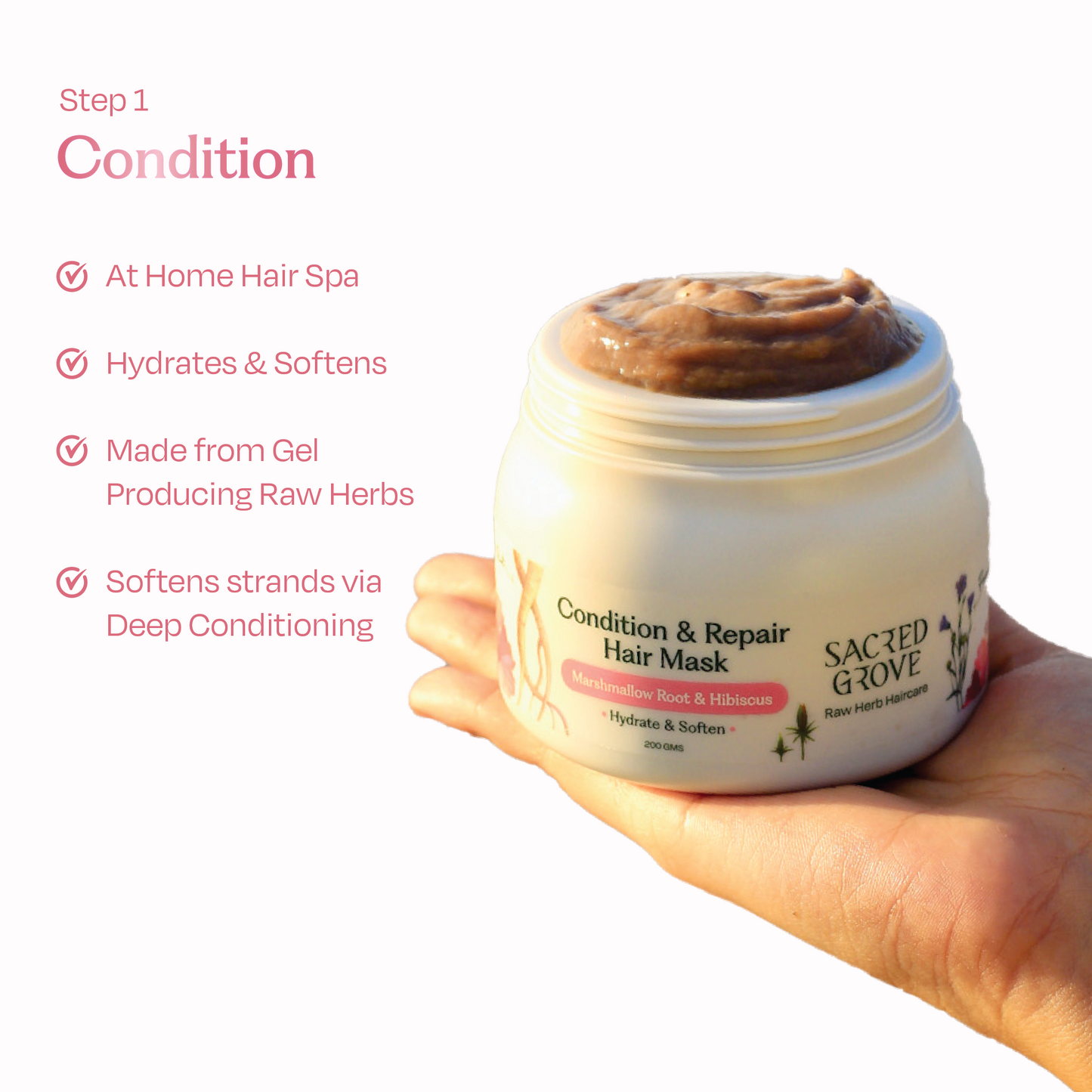 Sacred Grove Marshmallow Root deep conditioning hair mask combo with natural packaging and product labels on the tiles.