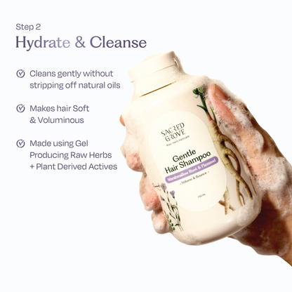 Sacred Grove Marshmallow Root deep conditioning hair mask combo with jars of nourishing hair masks and natural ingredients.