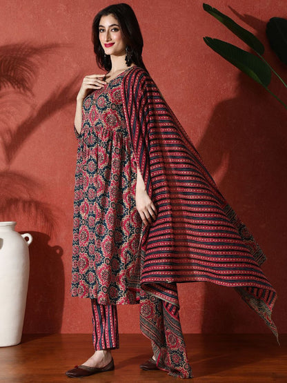 Indyancart SN Women's Embroidered Pure Cotton A-Line Kurta & Trousers With Dupatta