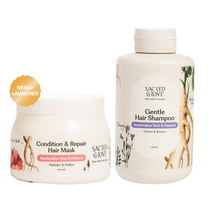 Sacred Grove Marshmallow Root Deep Conditioning Hair Mask combo with natural ingredients for healthy, moisturized hair.