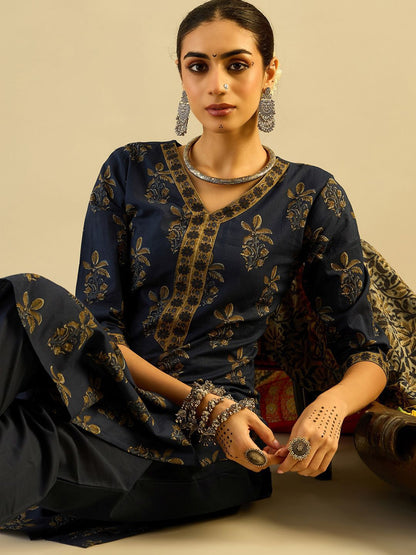 Dhiyona IE Navy Blue Floral Printed V-Neck Pure Cotton Kurta with Trousers & Dupatta