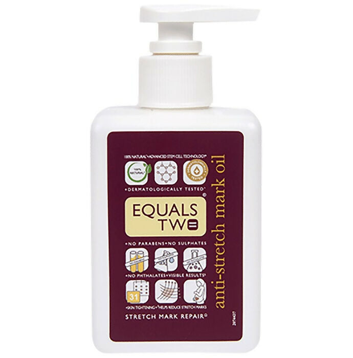 Equals Two anti-stretch mark oil for maternity care, showing a bottle with natural ingredients and soft packaging.
