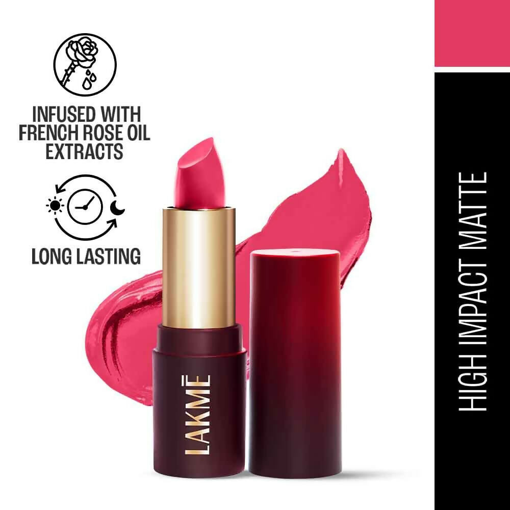 Lakme Forever Matte Lipstick in Pink Prom with French Rose Oil, showcasing the lipstick tube and swatch on lips.