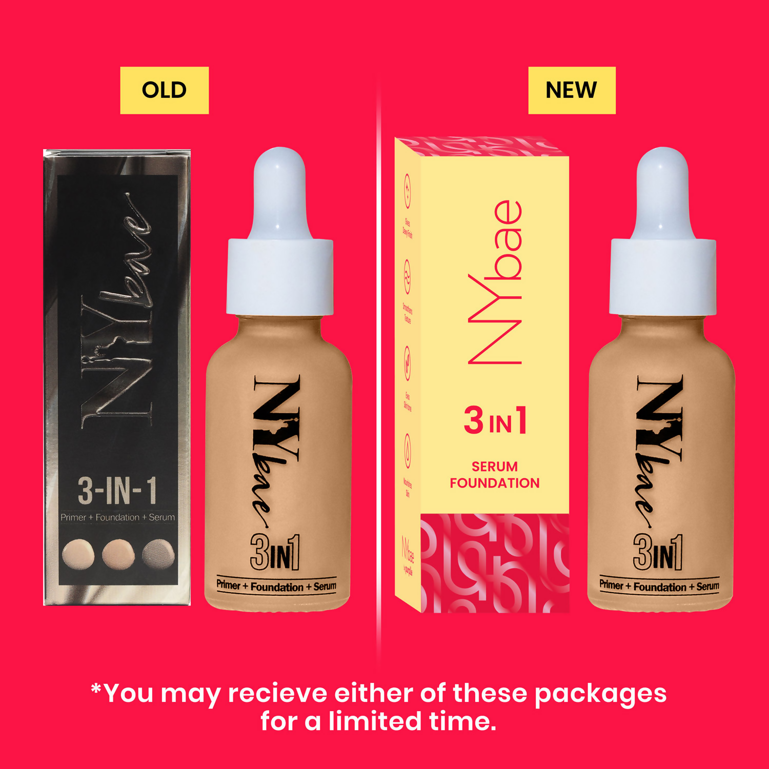 NY Bae 3 in 1 Serum Foundation with Primer in Warm Milk 09, showing the foundation bottle with beige liquid and applicator.