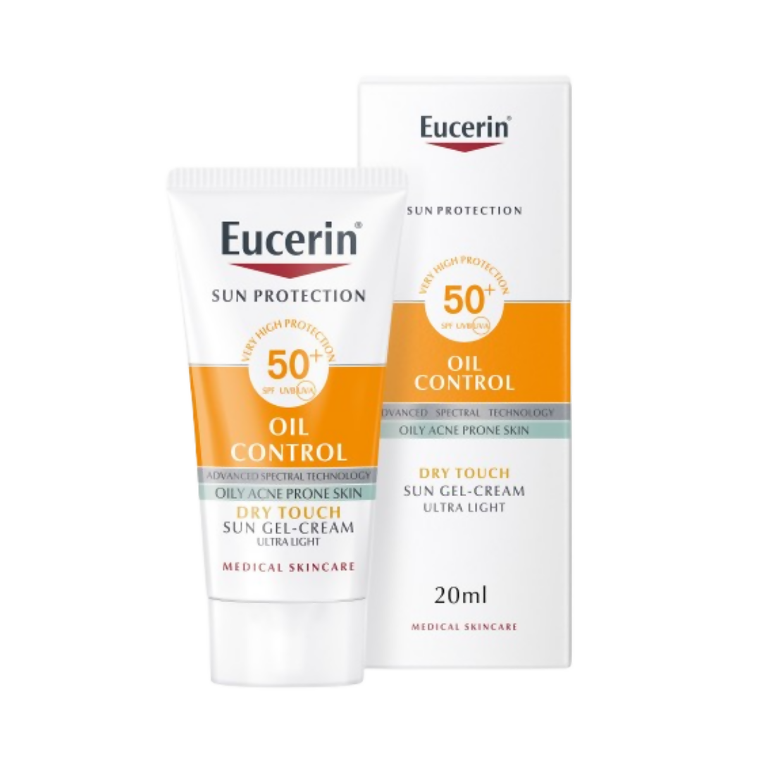 Eucerin Oil Control Dry Touch Sunscreen Gel Cream SPF 50+ in a white tube with blue and orange accents, showing the product front.