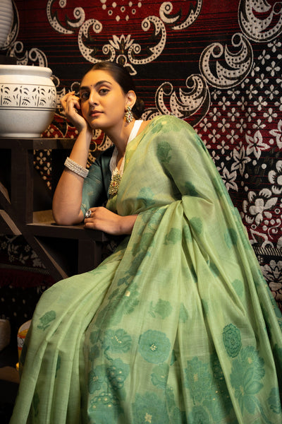 Indyancart GR Women's Devanshi Green Soft Cotton Jamdani Saree