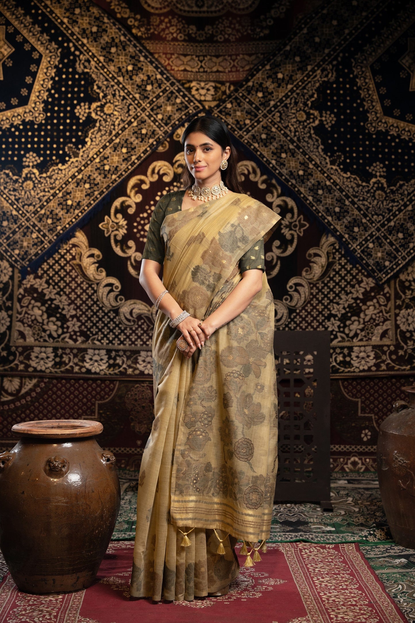 Dhiyona GR Women's Devanshi Light Brown Soft Cotton Jamdani Saree