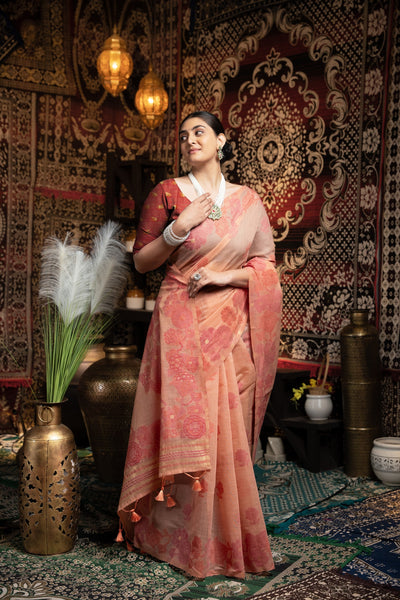 Indyancart GR Women's Devanshi Peach Soft Cotton Jamdani Saree