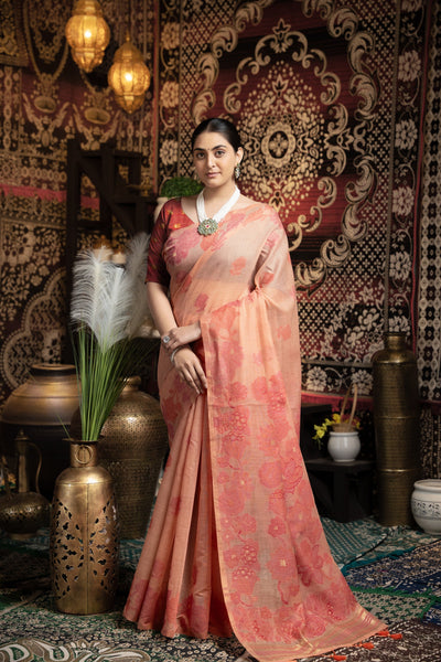 Indyancart GR Women's Devanshi Peach Soft Cotton Jamdani Saree