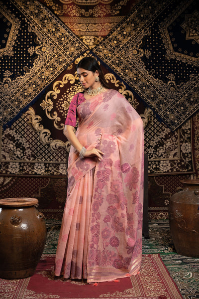 Indyancart GR Women's Devanshi Pink Soft Cotton Jamdani Saree