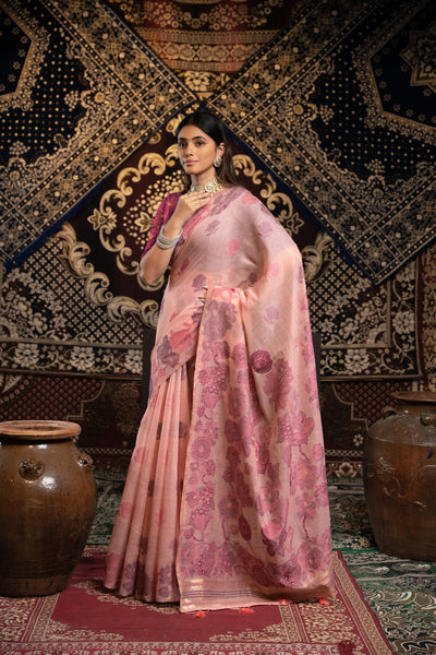 Indyancart GR Women's Devanshi Pink Soft Cotton Jamdani Saree