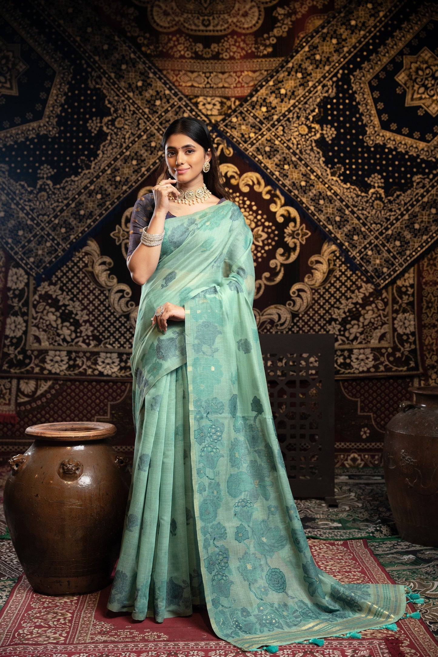 Dhiyona GR Women's Devanshi Blue Soft Cotton Jamdani Saree