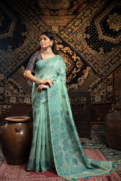 Indyancart GR Women's Devanshi Blue Soft Cotton Jamdani Saree