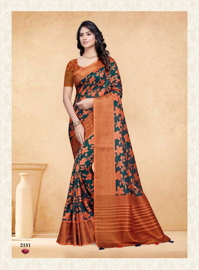 Indyancart GR Women's Devsena Teal Tussar Silk Digital Print Saree