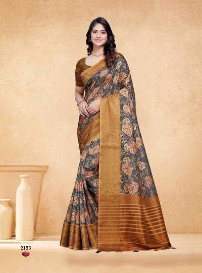 Indyancart GR Women's Devsena Trout Grey Tussar Silk Digital Print Saree
