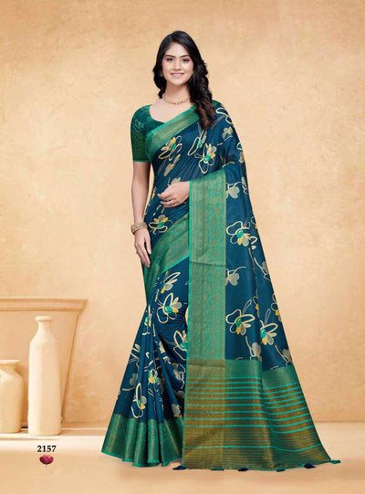 Indyancart GR Women's Devsena Teal Blue Tussar Silk Digital Print Saree