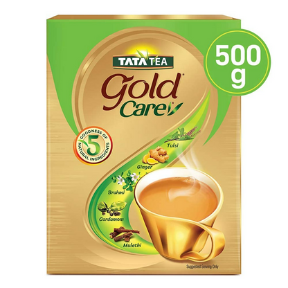 Tata Tea Gold Care tea powder in a jar, showcasing the golden-colored tea leaves and packaging for a rich, flavorful tea experience.