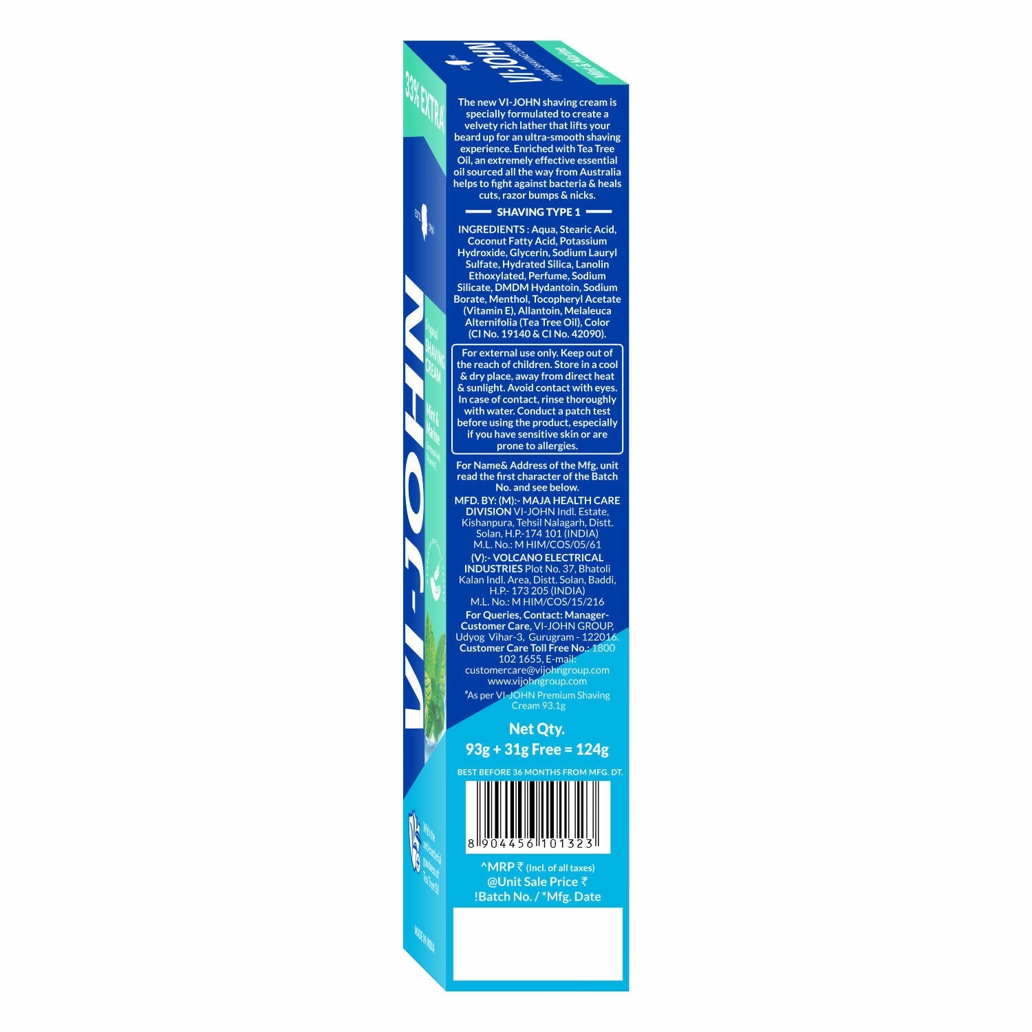 VI-JOHN Vitamin E enriched anti-bacterial mint and marine shaving cream in a tube, designed for smooth, hygienic shaving.