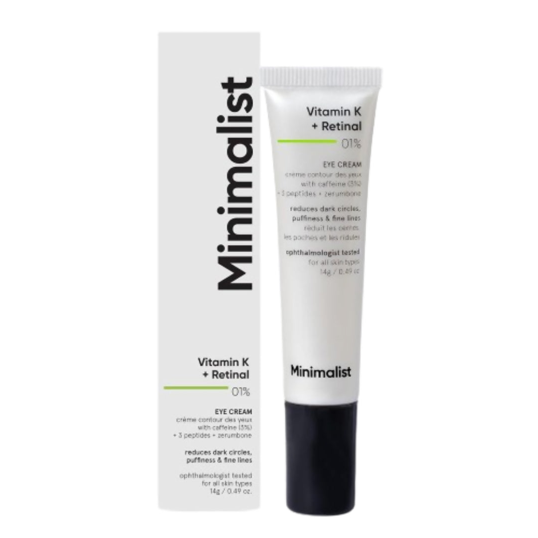 Minimalist Vitamin K + Retinal 1% Eye Cream tube with applicator tip, designed for under eye skin care.