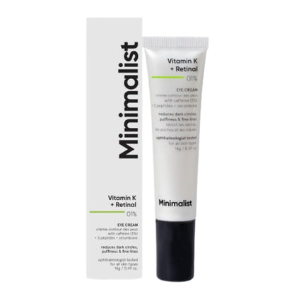 Minimalist Vitamin K + Retinal 1% Eye Cream tube with applicator tip, designed for under eye skin care.